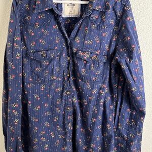 Hollister Floral Button Up Shirt Women's XS Blue Cottagecore Casual Top